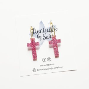 Pendientes Aros Cruz Rosa Glitter