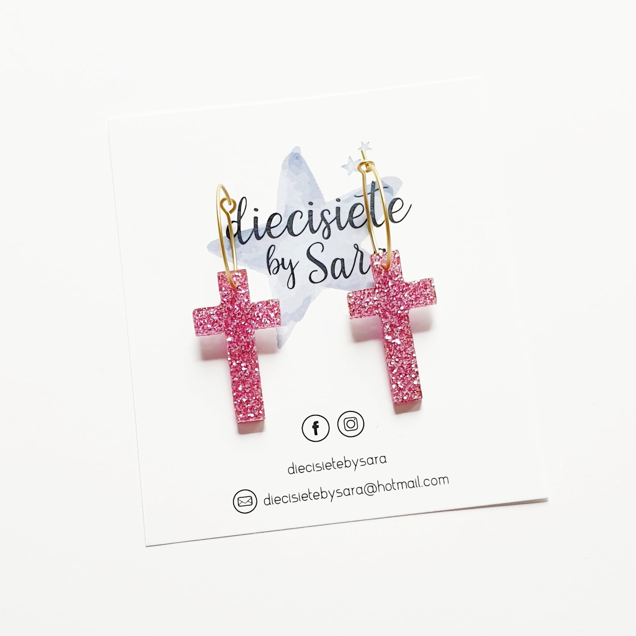 Pendientes Aros Cruz Rosa Glitter