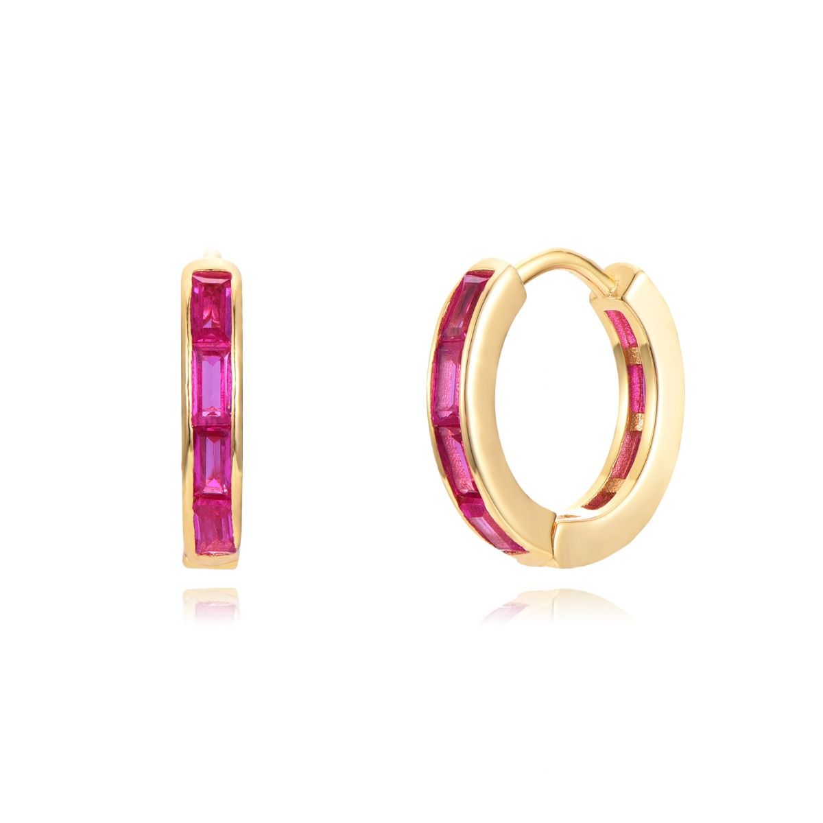 Pendientes Aro 13mm en Plata de ley Baguets Rojas Gold