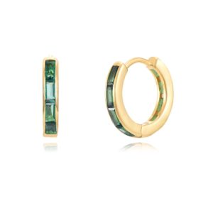 Pendientes Aro 13mm en Plata de ley Baguets Verdes Gold
