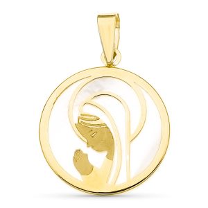 Medalla Oro 18k Virgen Niña y Nacar 16mm