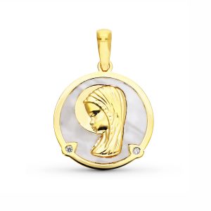 Medalla Oro 18k Virgen Niña y Nacar