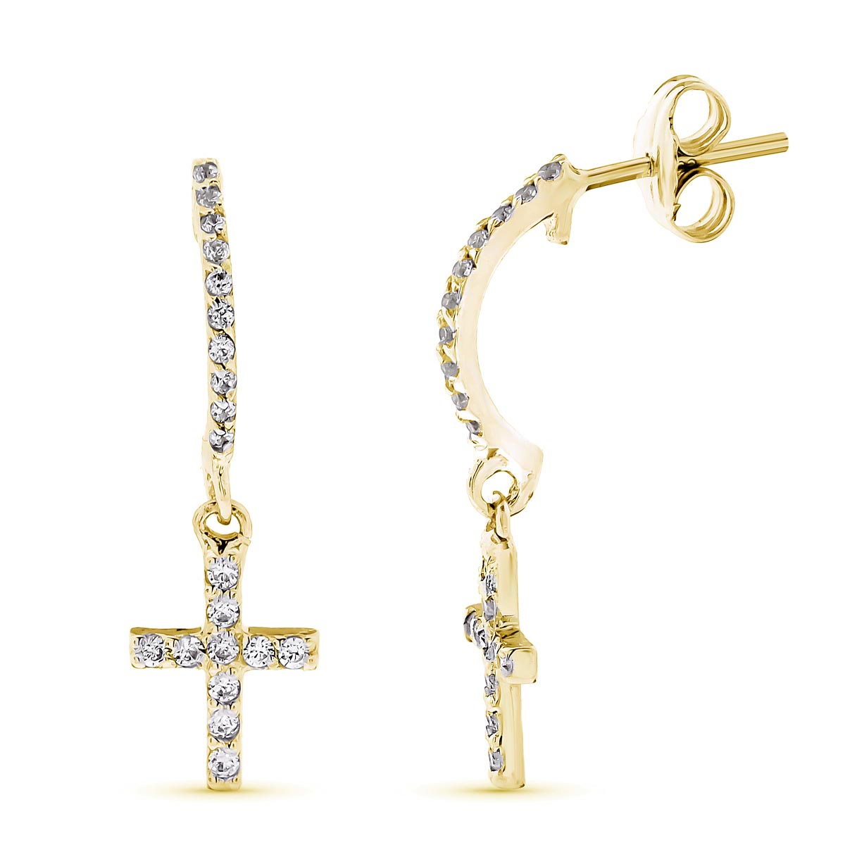 Pendientes Oro 18k Semiaro de 12mm y Cruz con Circonitas