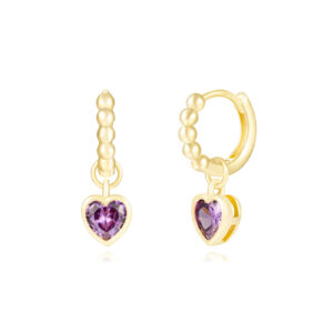 Pendientes Plata Aro Bolitas Corazón Morado Gold
