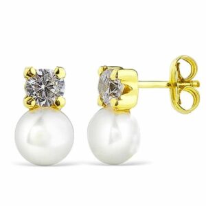 Pendientes Oro Amarillo Circonita y Perla de 7mm