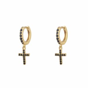 Pendientes Plata Aro y Cruz Circonitas Negras Gold