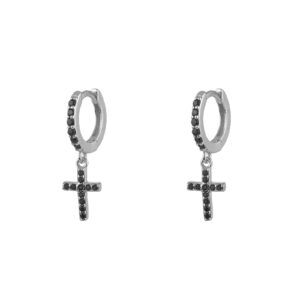 Pendientes Plata Aro y Cruz Circonitas Negras