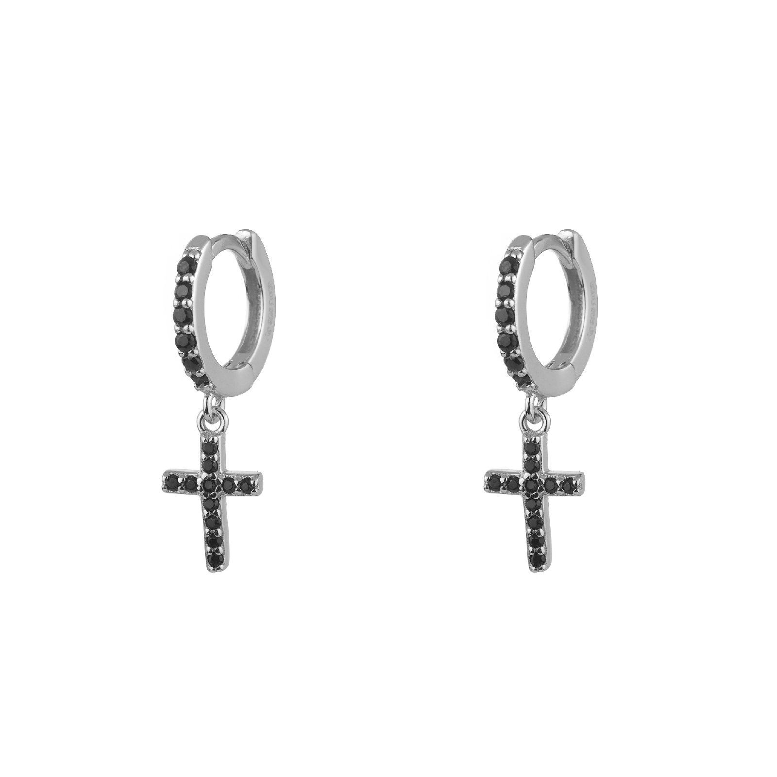 Pendientes Plata Aro y Cruz Circonitas Negras