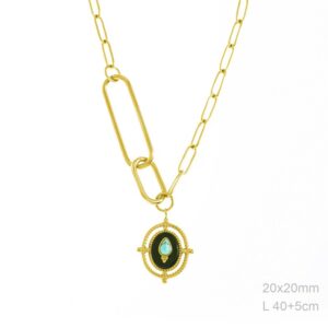 Gargantilla Acero Dorado Ovalo Negro Turquesa