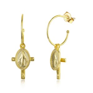 Pendientes Aro Plata Virgen Milagrosa y Cruz