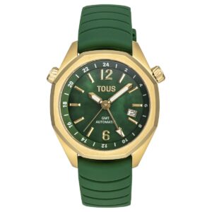 Reloj gmt automático con correa de silicona verde, caja de acero IPG dorado y esfera de nácar TOUS Now 3000133600o