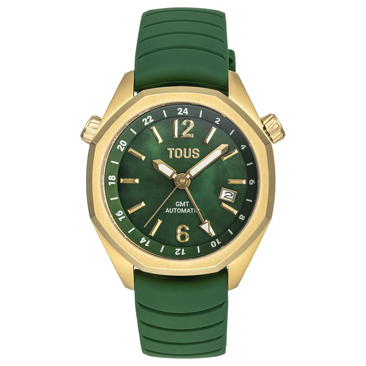 Reloj gmt automático con correa de silicona verde, caja de acero IPG dorado y esfera de nácar TOUS Now 3000133600o