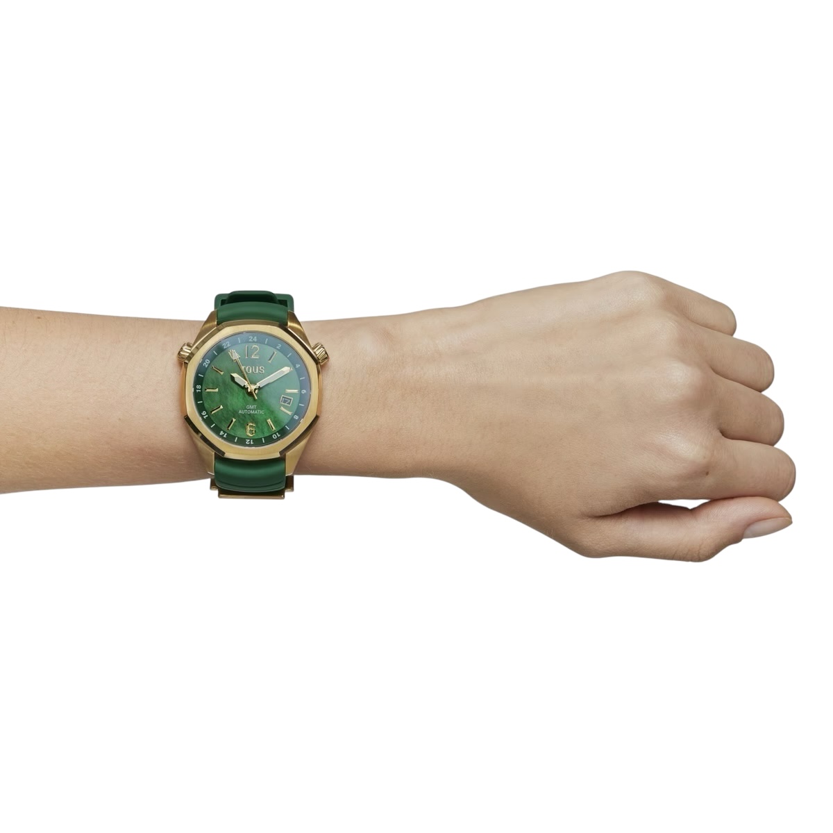 Reloj gmt automático con correa de silicona verde, caja de acero IPG dorado y esfera de nácar TOUS Now 3000133600o - Imagen 8
