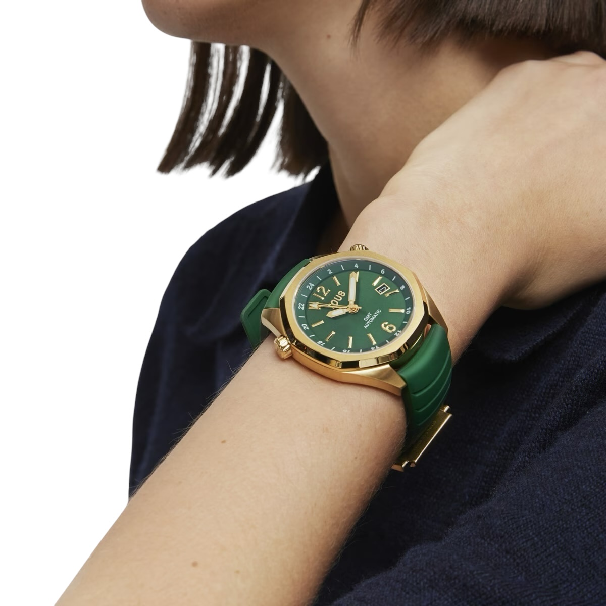 Reloj gmt automático con correa de silicona verde, caja de acero IPG dorado y esfera de nácar TOUS Now 3000133600o - Imagen 6