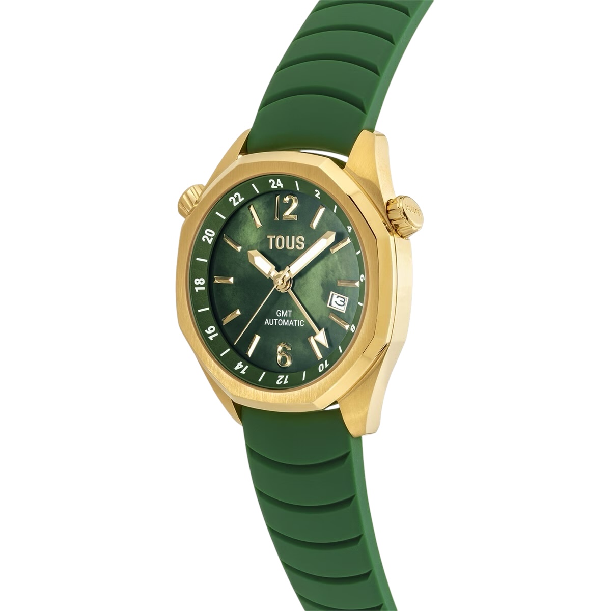 Reloj gmt automático con correa de silicona verde, caja de acero IPG dorado y esfera de nácar TOUS Now 3000133600o - Imagen 2