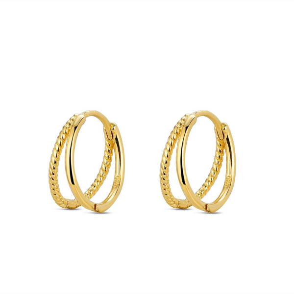 Pendientes Plata Aro Doble Liso y Rizado 16mm Gold