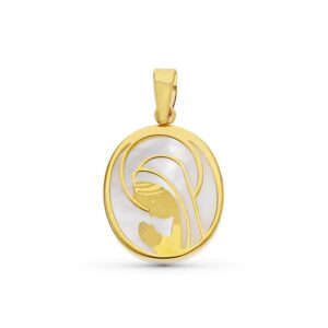 Medalla Oro 18k Virgen Niña y Nacar 14x12mm