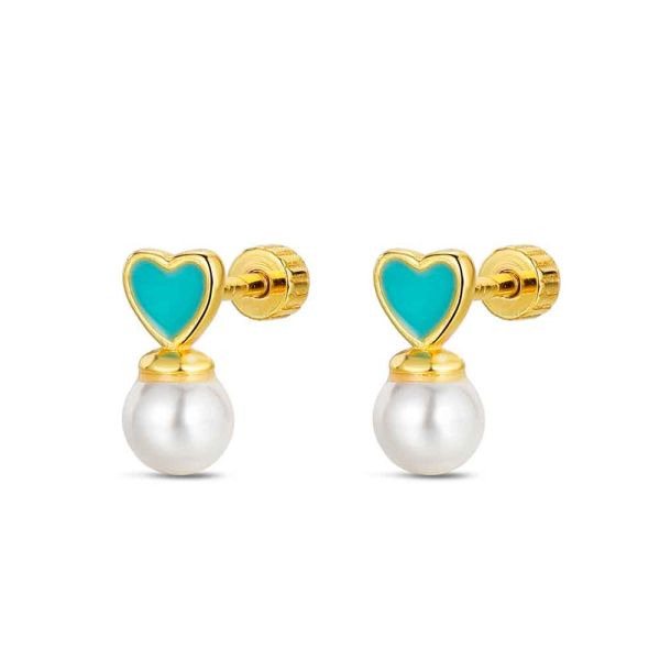 Pendientes Plata Dorada Rosca Corazón Perla