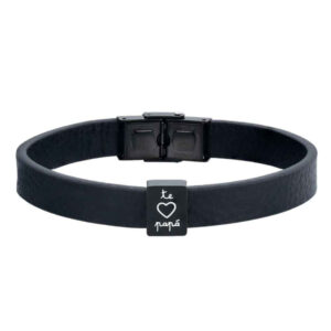 Pulsera de Cuero Plano y Acero Negro Papá