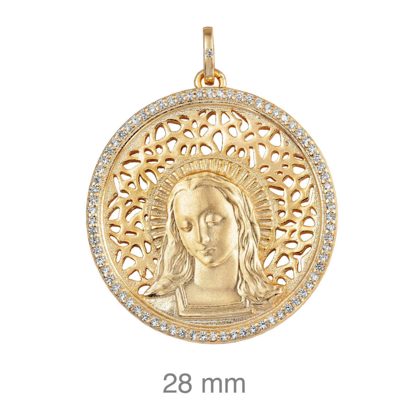Medalla Plata Dorada Virgen 28mm Halo de Circonitas