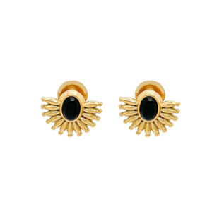 Pendientes Acero  Flor Dorada Piedra Negra