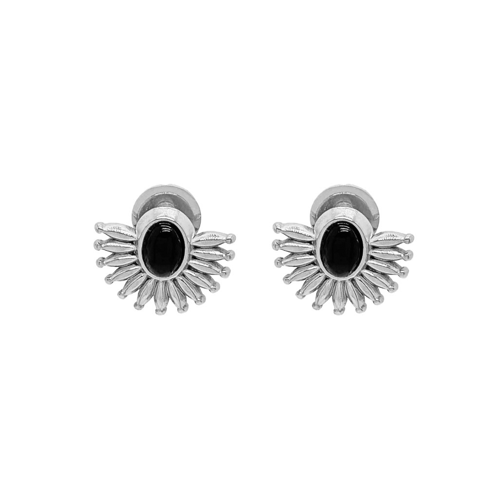 Pendientes Acero Flor Piedra Negra
