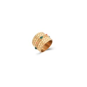 Anillo Acero Dorado Ancho Empedrado Piedras