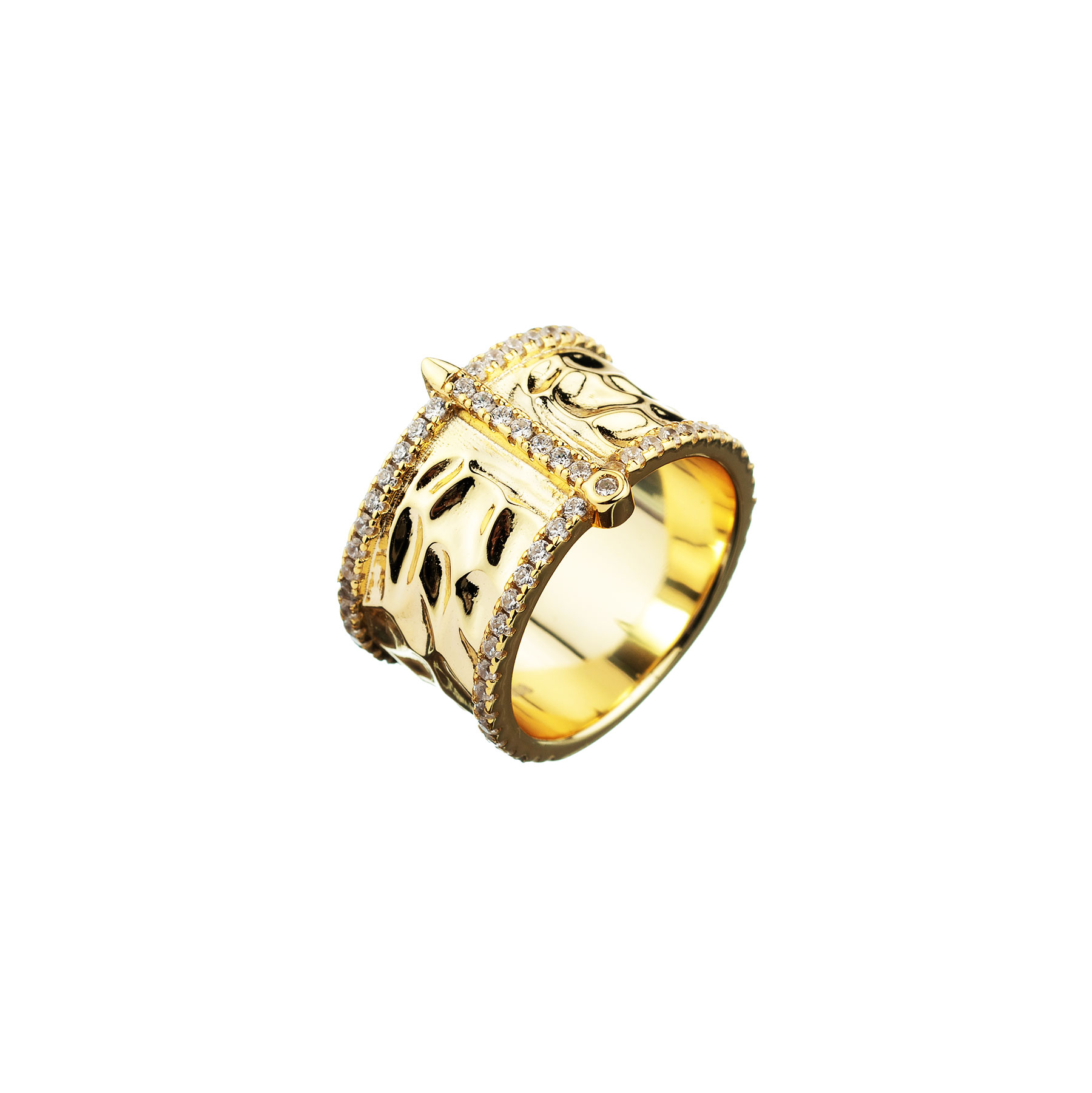 Anillo Plata Dorada Ancho Martillado Circonitas