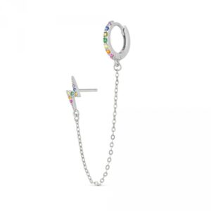 Pendiente Plata Doble Aro con Cadena y Rayo Multicolor