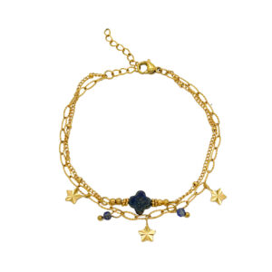 Pulsera Acero Trébol, Estrellas y Mineral Lapislázuli