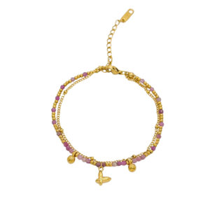 Pulsera Acero Mariposa y Mineral Turmalina Rosa