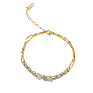Pulsera Acero y Mineral Amazonita Corazones