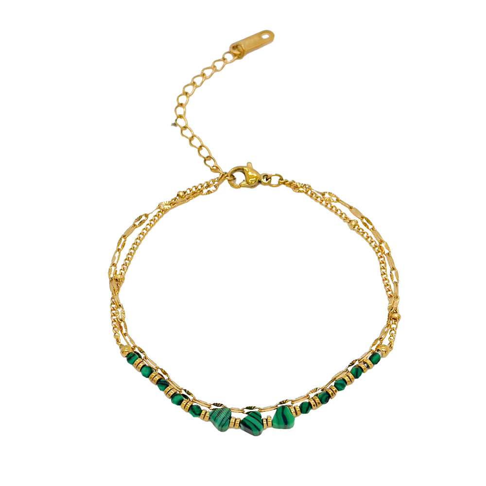 Pulsera Acero y Mineral Malaquita Corazones