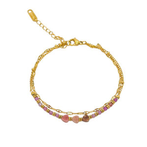 Pulsera Acero y Mineral Turmalina Rosa Corazones