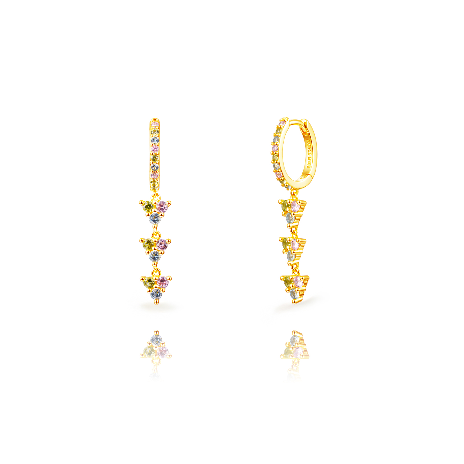 Pendientes Plata Dorada Aro y Triángulos Circonitas Multicolor