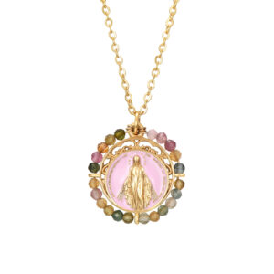 Collar Acero Dorado Milagrosa Esmalte Rosa