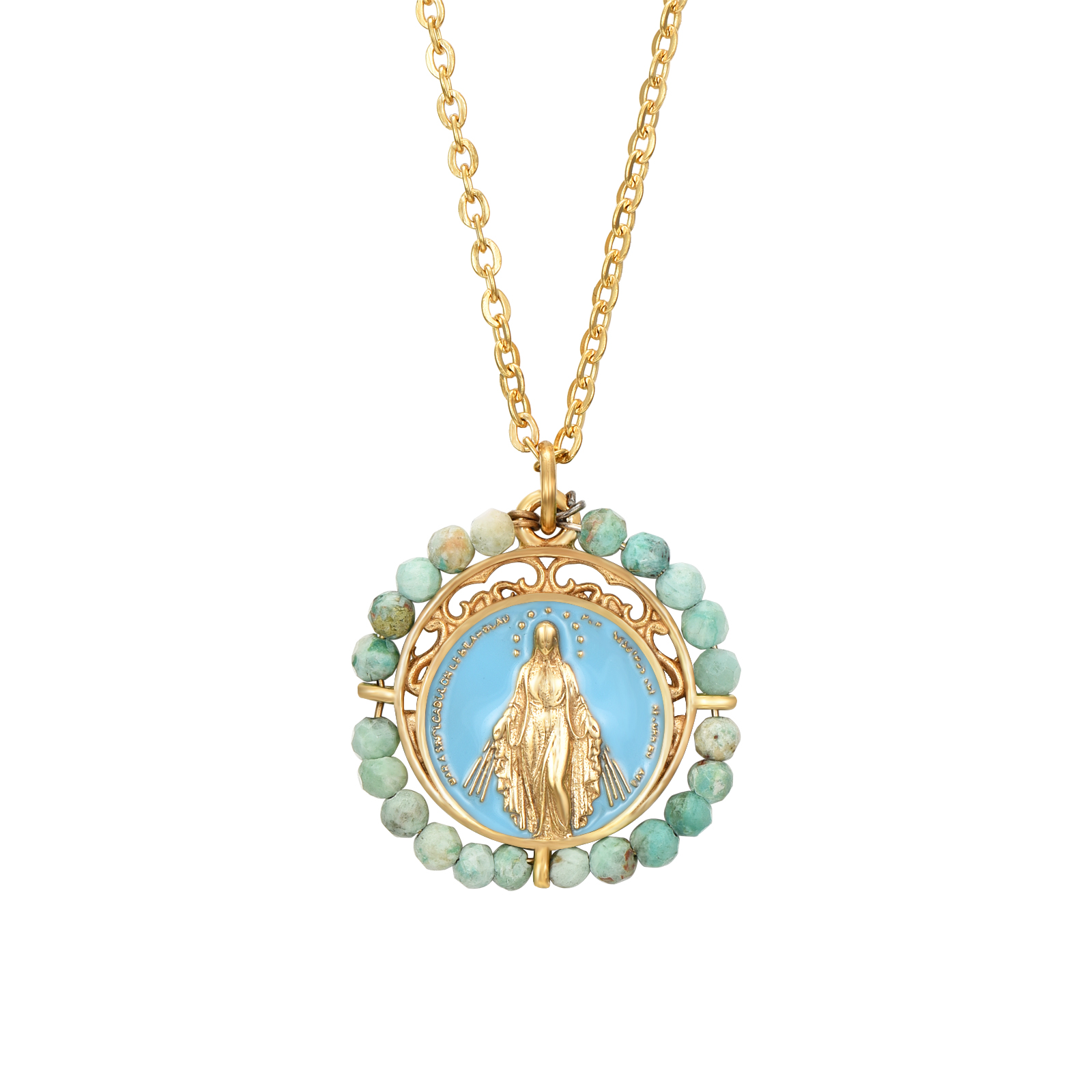 Collar Acero Dorado Milagrosa Esmalte Azul