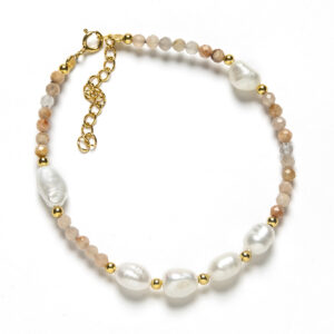 Pulsera Plata Dorada, Cuarzo Marrón y Perlas