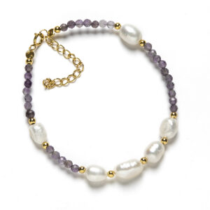 Pulsera Plata Dorada, Amatista y Perlas