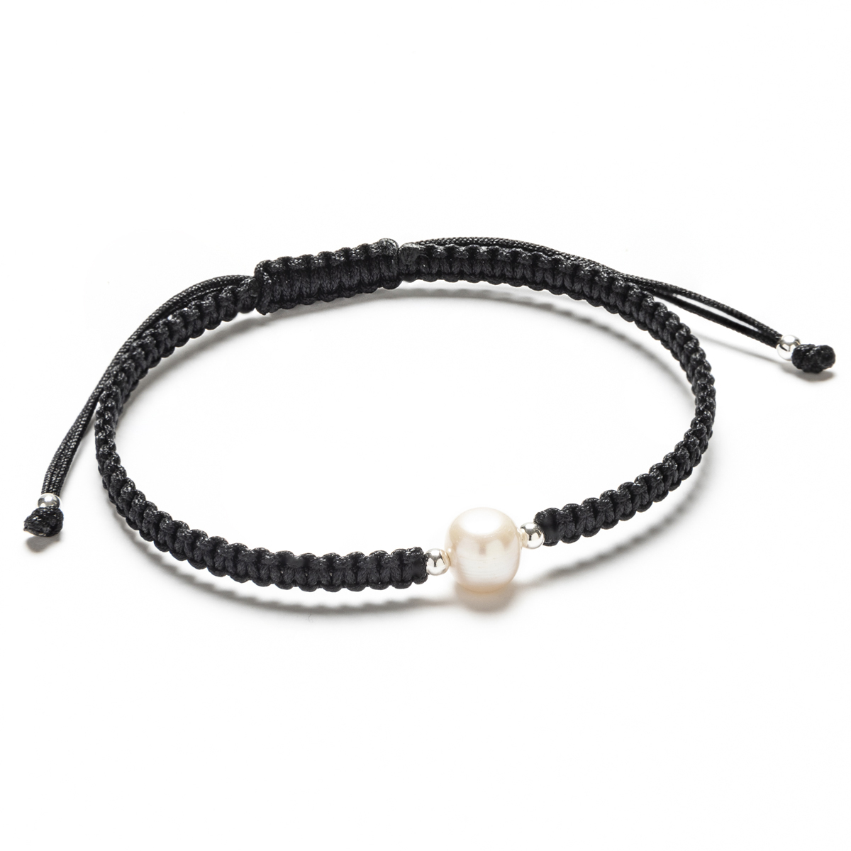 Pulsera Plata y Macramé Negro Perla Cultivada