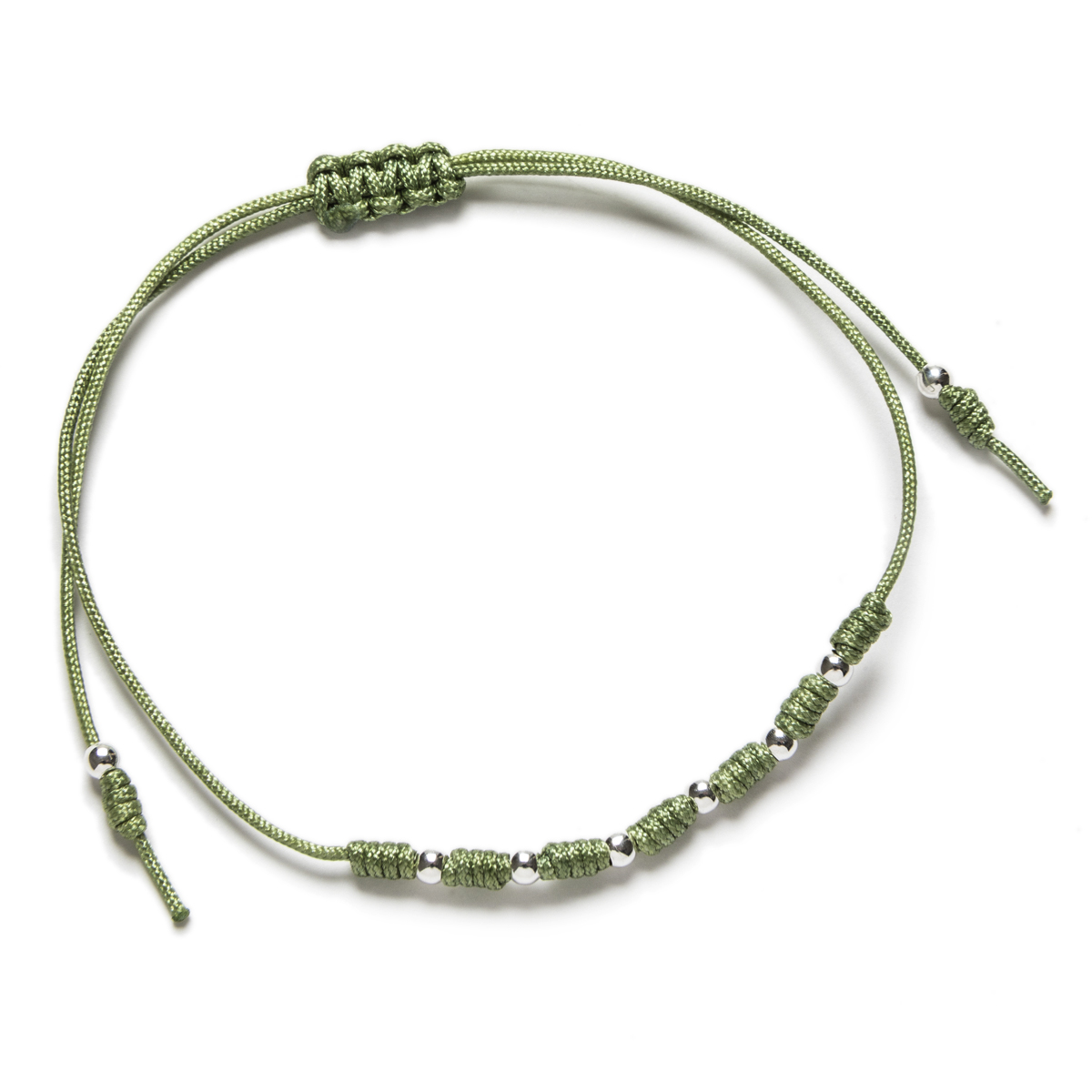 Pulsera Plata y Macramé Verde 7 Nudos