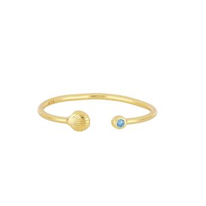 Anillo Plata Dorada Abierto Caracola y Circonita Aguamarina