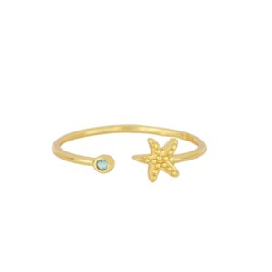 Anillo Plata Dorada Abierto Estrella de Mar y Circonita Aguamarina
