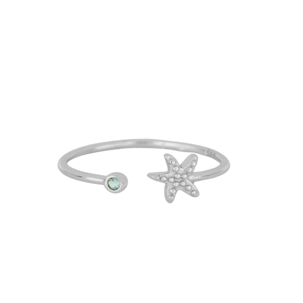 Anillo Plata Abierto Estrella de MAr y Circonita Aguamarina