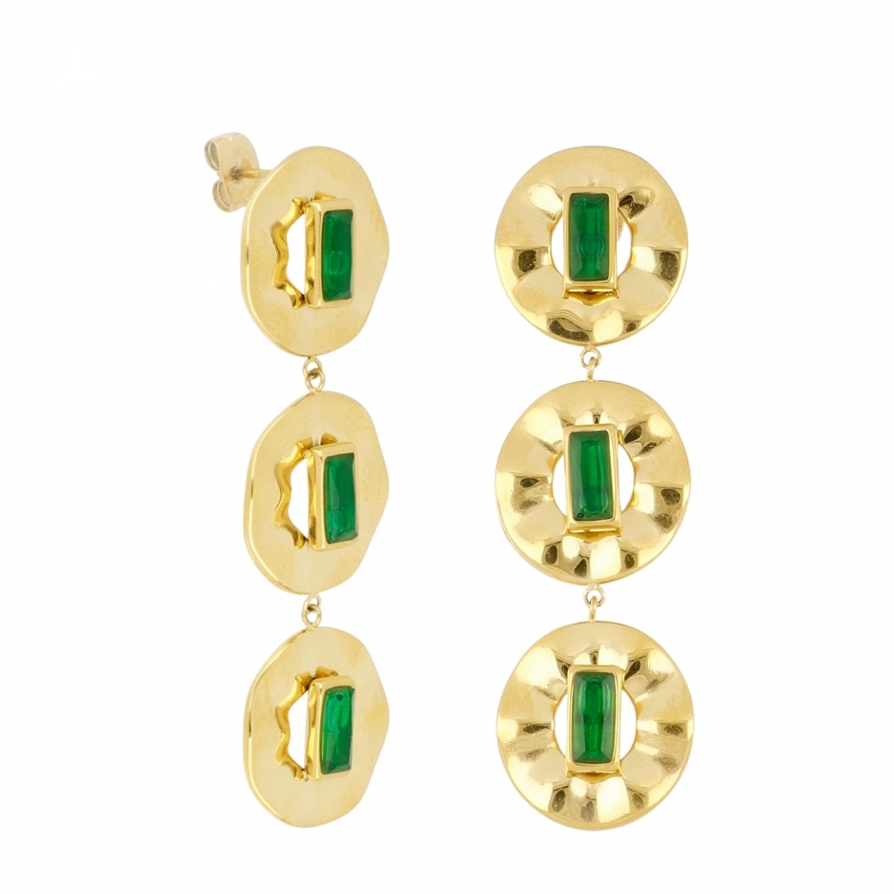 Pendientes Acero Dorado Circulos Piedra Verde