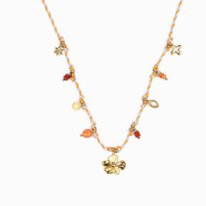 Collar Cordón Nudos Piezas y Medallón Solecito Flor Aventurina Roja