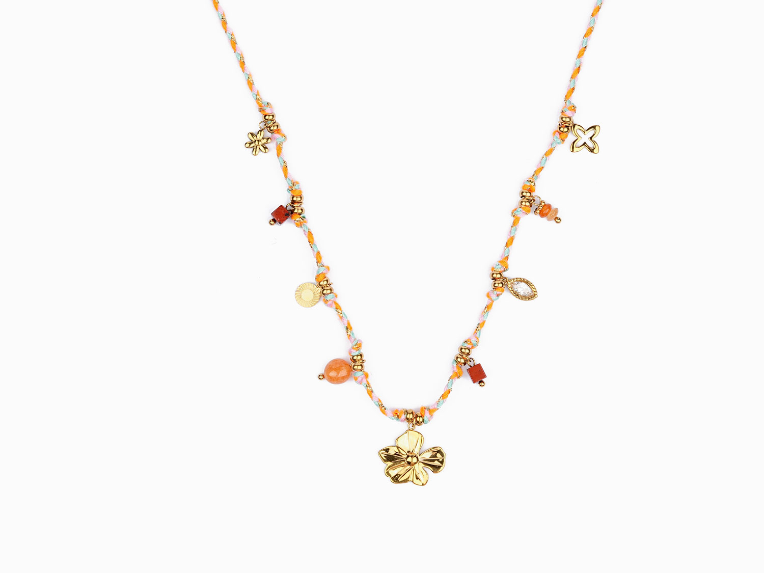 Collar Cordón Nudos Piezas y Medallón Solecito Flor Aventurina Roja