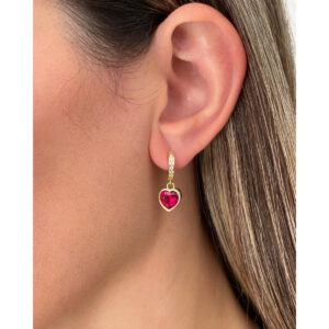 Pendientes PLata Dorada Aro Corazón Rojo