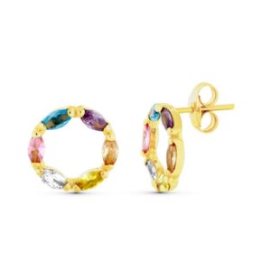 Pendientes Oro Amarillo 18k Circulo de Colores