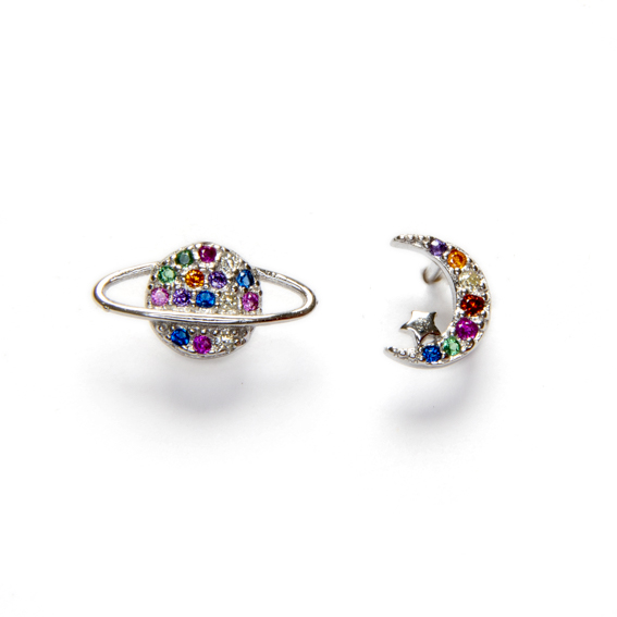 Pendientes Plata Luna y Saturno con Circonitas de colores